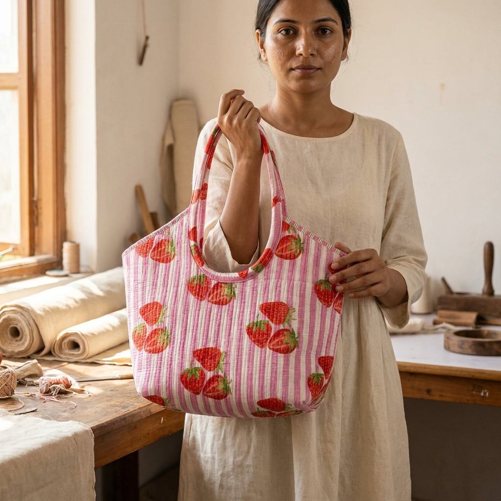 A shopper carrying the Pink Strawberry Quilted Tote Bag by the wide straps, showcasing its generous packing capacity and elegant large shoulder handbag style at an outdoor farmers market.