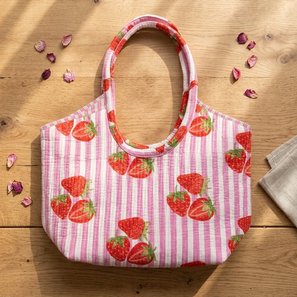 Close-up of the handcrafted strawberry sweet fruit print detailing, dense quilted stitching texture lines, robust handle strap attachments, and clean inner layout on an Indian cotton travel purse.
