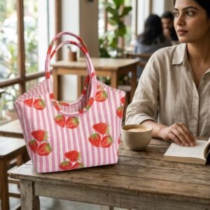 Close-up of the handcrafted strawberry sweet fruit print detailing, dense quilted stitching texture lines, robust handle strap attachments, and clean inner layout on an Indian cotton travel purse.