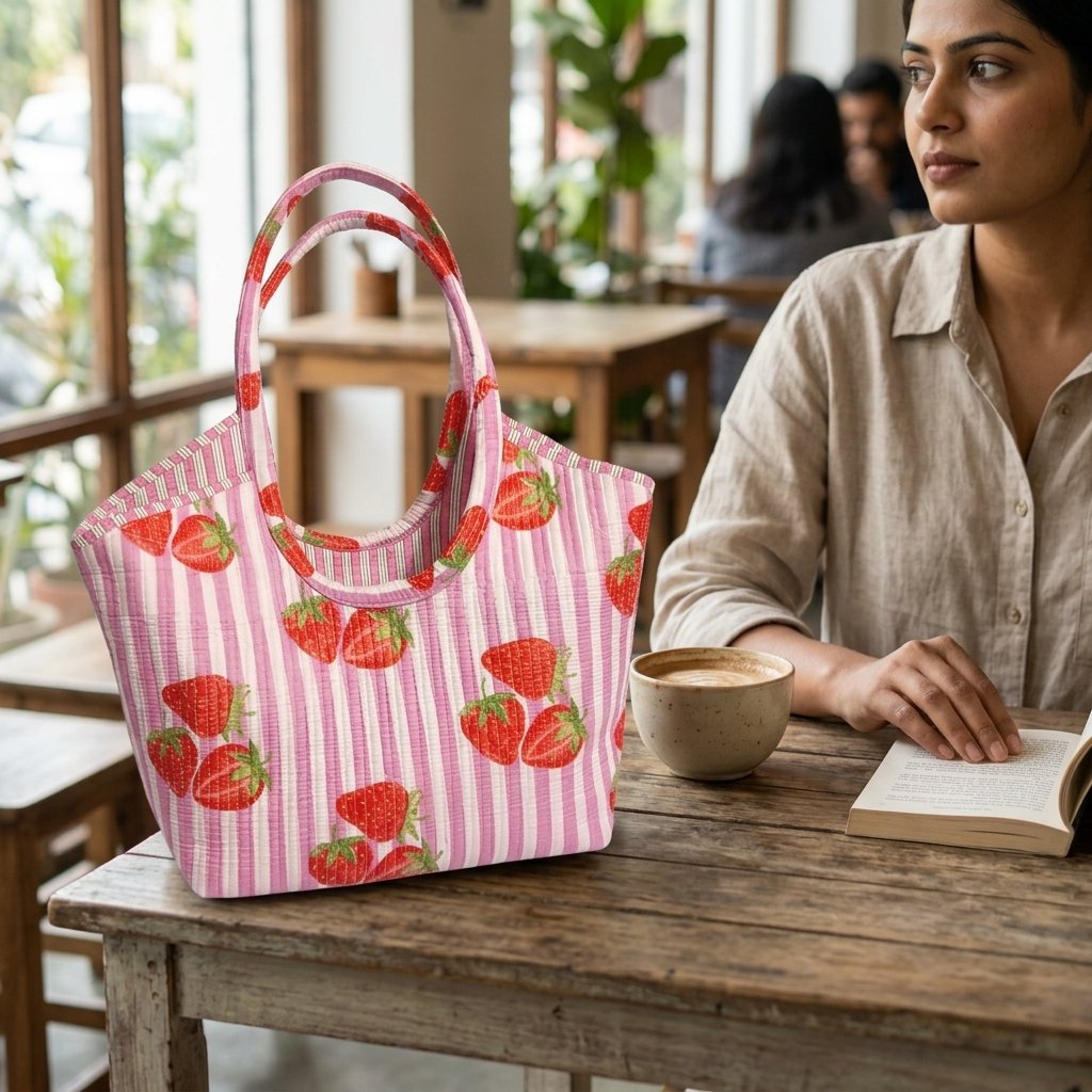 Close-up of the handcrafted strawberry sweet fruit print detailing, dense quilted stitching texture lines, robust handle strap attachments, and clean inner layout on an Indian cotton travel purse.