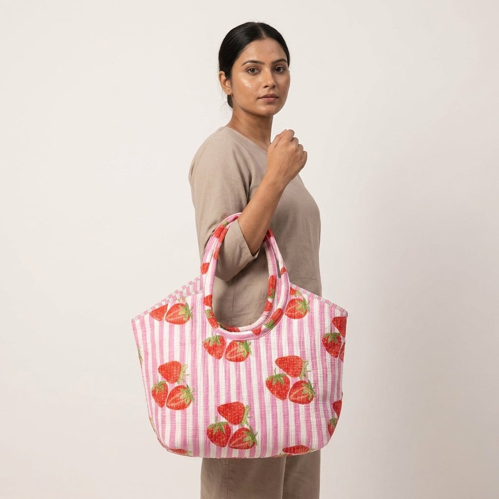 Pink Strawberry Quilted Tote Bag showing the traditional hand block print artisan design with the spacious main compartment opening, 6-inch deep base gusset, and reinforced double padded shoulder handles.