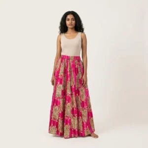 Close-up of the handcrafted pink safari print detailing, rich fabric texture folds, and precise lock-stitched hem on the breathable cotton long bottom.