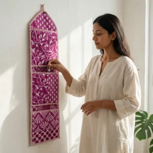 Purple Fabric Wall Hanging Organizer displaying the multi-pocket vertical sorting slots with the traditional block print artisan design hung securely on an entryway wall.