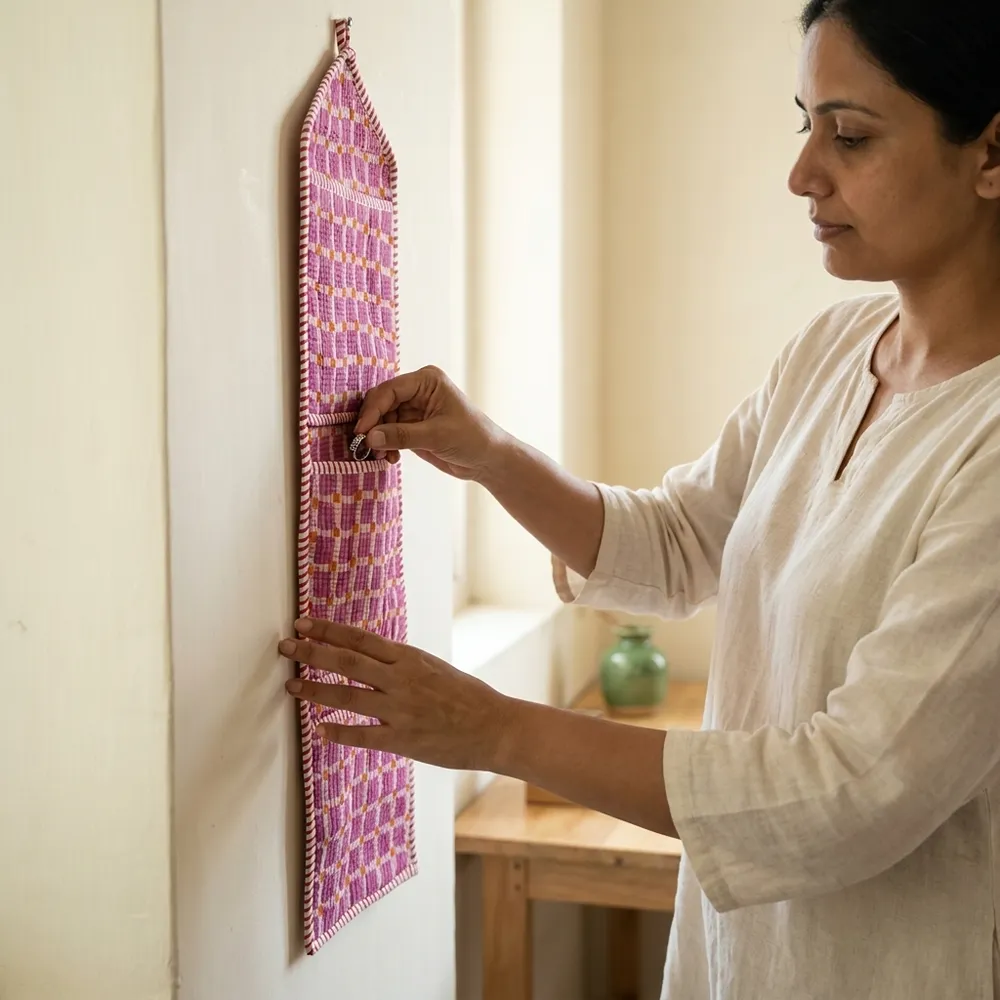 Purple Plaid Quilted Wall Hanging Organizer displaying the multi-pocket vertical sorting slots with the traditional geometric grid artisan design hung securely on an entryway wall.