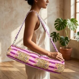 Purple Tiger Print Yoga Mat Bag showing the traditional hand block print artisan design with the spacious cylinder opening and reinforced shoulder carry strap.