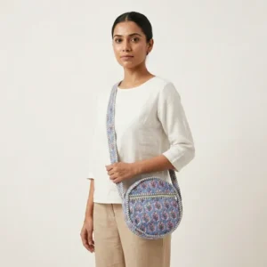 Close-up of the handcrafted blue botanical blossom print detailing, dense quilted stitching texture lines, robust handle strap attachments, and secure top zipper slider on an Indian cotton circle purse.