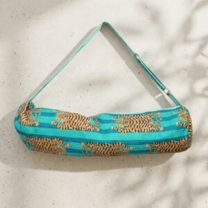 Quilted Cotton Tiger Print Yoga Mat Bag showing the traditional hand block print artisan design with the spacious cylinder opening and reinforced turquoise striped shoulder carry strap.