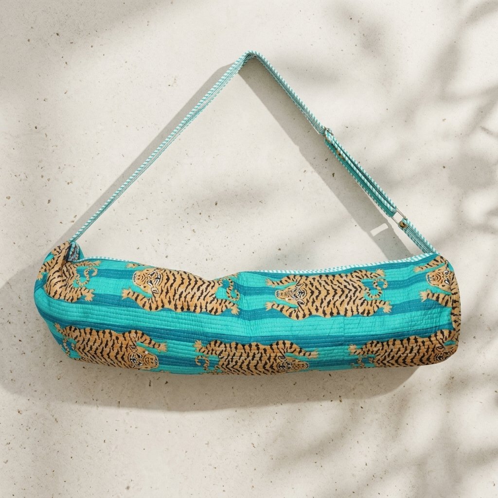 Quilted Cotton Tiger Print Yoga Mat Bag showing the traditional hand block print artisan design with the spacious cylinder opening and reinforced turquoise striped shoulder carry strap.