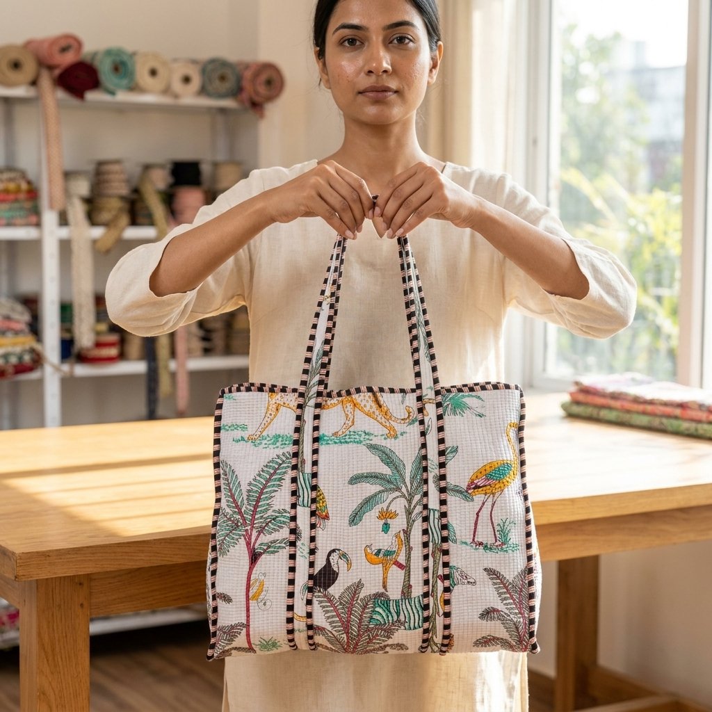 Close-up of the handcrafted wild cat print detailing, dense quilted stitching texture lines, robust handle strap attachments, and clean inner pocket layout on an Indian cotton carryall tote.
