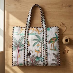 Green Tiger Quilted Cotton Tote Bag showing the traditional hand block print artisan design with the spacious main compartment opening and reinforced double shoulder handles.