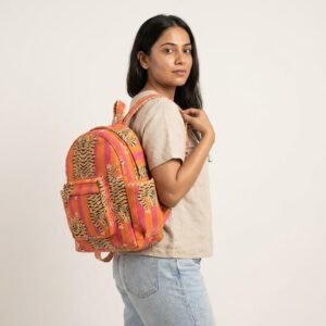 Pink Orange Tiger Cotton Backpack showing the traditional hand block print artisan design with the adjustable padded shoulder straps and secure top zipper closure.