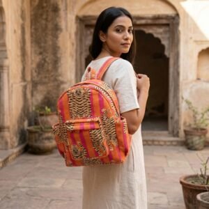 Pink Orange Tiger Cotton Backpack showing the traditional hand block print artisan design with the adjustable padded shoulder straps and secure top zipper closure.