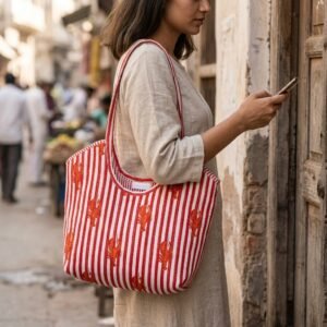 A shopper carrying the Quilted Red Striped Lobster Print Cotton Tote Bag by the wide straps, showcasing its generous packing capacity and elegant bohemian accessory style at an outdoor farmers market beach trip.