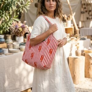 Close-up of the handcrafted coastal lobster print detailing, bold red striped accents, dense quilted stitching texture lines, robust handle strap attachments, and clean inner slip pocket layout on an Indian cotton carryall tote.