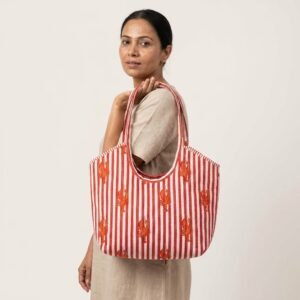 Quilted Red Striped Lobster Print Cotton Tote Bag showing the traditional hand block print artisan design with the spacious main compartment opening and reinforced double padded shoulder handles.