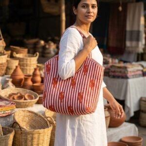 Quilted Red Striped Lobster Print Cotton Tote Bag showing the traditional hand block print artisan design with the spacious main compartment opening and reinforced double padded shoulder handles.