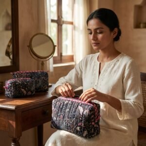 Quilted Toiletry Bag Set showing the hanging multi-pocket cosmetic travel case with the traditional hand block print design, soft quilted construction, and secure hanging tabs.