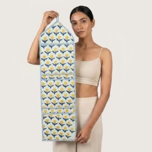 Quilted Yellow Floral Cotton Hanging Wall Organizer showing the traditional hand block print floral design with 3 spacious front storage pockets and top hanging loops.