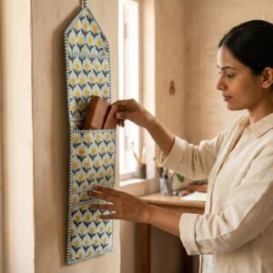 Quilted Yellow Floral Cotton Hanging Wall Organizer showing the traditional hand block print floral design with 3 spacious front storage pockets and top hanging loops.