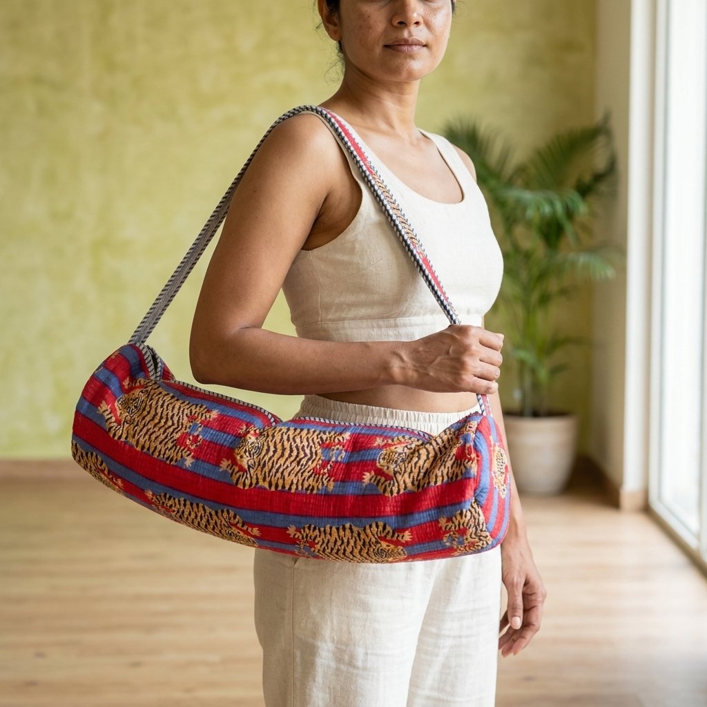 A fitness enthusiast carrying the Red Blue Tiger Quilted Yoga Mat Bag over their shoulder, displaying its comfortable sling fit and sleek patterned fitness purse style outside a local wellness center.