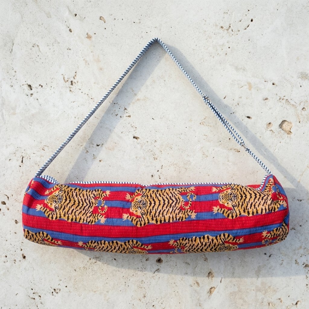Close-up of the handcrafted exotic crimson and indigo cat print detail, dense quilted stitching texture lines, heavy-duty border trim, and clean inner layout on an Indian cotton Pilates carrier bag.