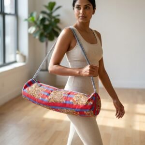Red Blue Tiger Quilted Yoga Mat Bag displaying the traditional wild cat hand block print artisan design with the spacious 27x6 main barrel zipper track open and reinforced wide shoulder sling handle.