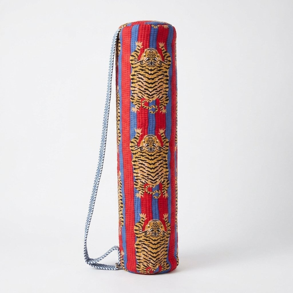 Close-up of the handcrafted exotic crimson and indigo cat print detail, dense quilted stitching texture lines, heavy-duty border trim, and clean inner layout on an Indian cotton Pilates carrier bag.