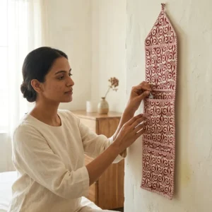 Red Fabric Wall Hanging Organizer displaying the 3-pocket vertical sorting slots with the traditional block print artisan design hung securely on an entryway wall.