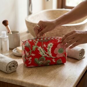 Red Floral Quilted Toiletry Bag Set showing the nested 3-piece handmade travel pouch bundle with the traditional crimson floral hand block print design and secure zipper tracks.