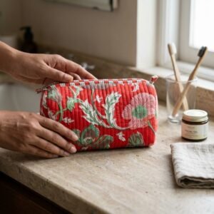 Red Floral Quilted Toiletry Bag Set showing the nested 3-piece handmade travel pouch bundle with the traditional crimson floral hand block print design and secure zipper tracks.