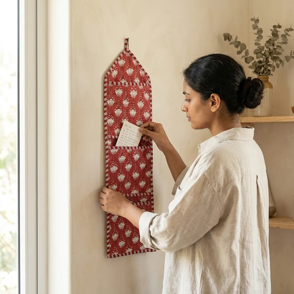 Red Floral Quilted Wall Hanging Organizer displaying the multi-pocket vertical sorting slots with the traditional crimson block print artisan design hung securely on an entryway wall.
