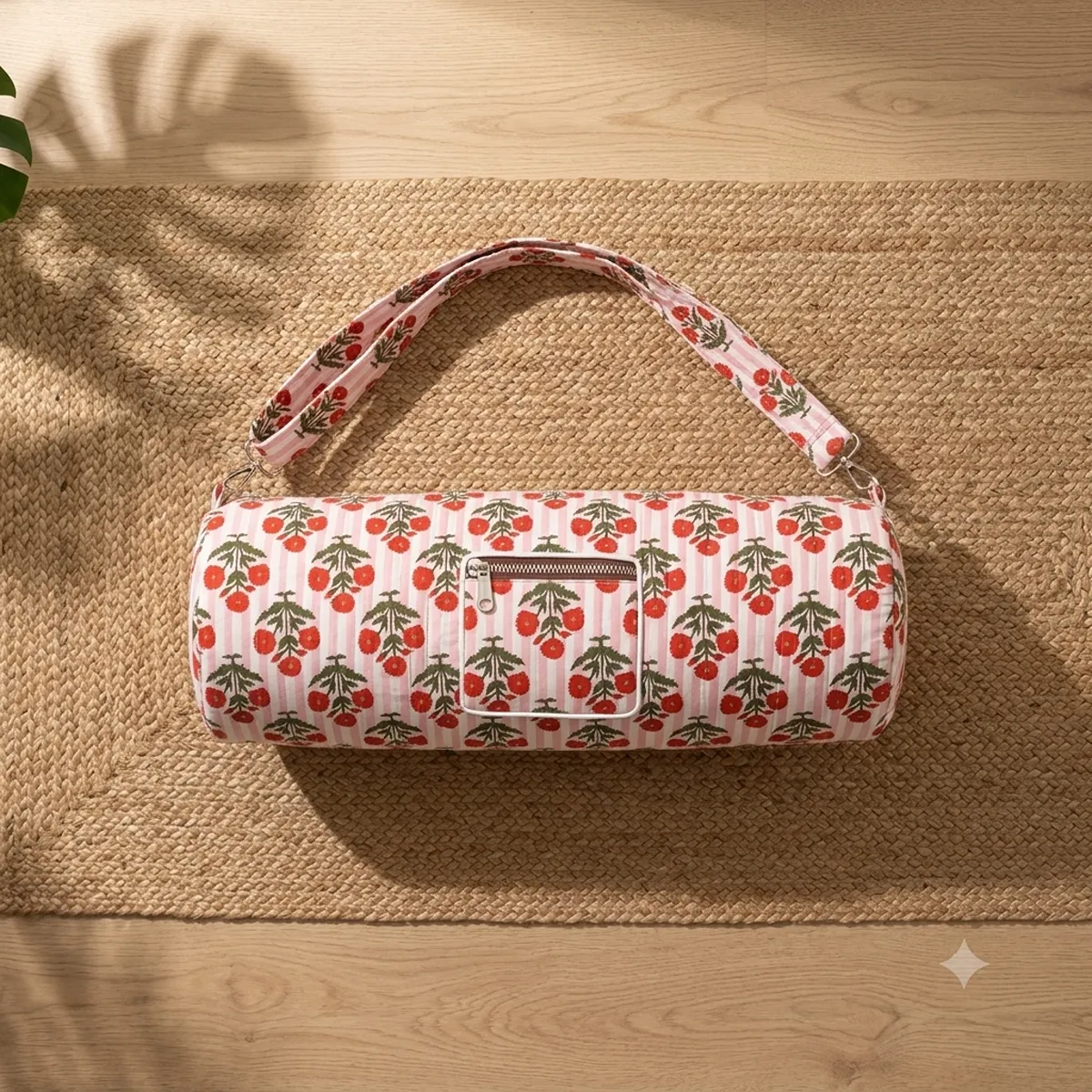 Close-up of the handcrafted pink striped border detailing, dense quilted tracking lines, robust zipper attachment, and durable cross-stitched shoulder strap joints on the fitness tote.
