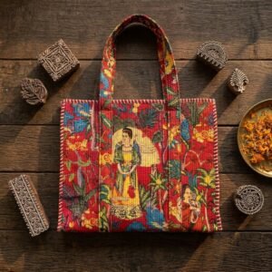 Close-up of the handcrafted artistic portrait print detailing, vibrant red background accents, dense quilted stitching texture lines, and robust handle strap attachments on an Indian cotton carryall tote.