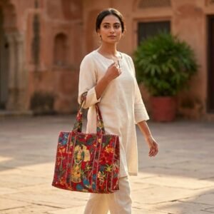 An art lover carrying the Red Frida Quilted Shoulder Tote Bag by the wide straps, showcasing its generous packing capacity and elegant bohemian accessory style at an outdoor art museum gallery visit.