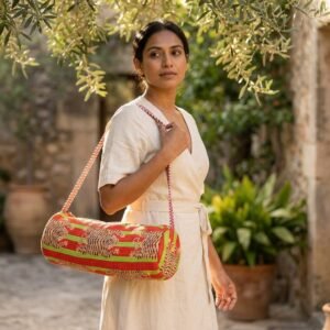 A fitness enthusiast carrying the Red Green Tiger Quilted Yoga Mat Bag over their shoulder, displaying its comfortable sling fit and sleek patterned fitness purse style outside a local wellness center.
