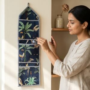 Safari Fabric Wall Hanging Organizer displaying the multi-pocket vertical sorting slots with the traditional tiger print artisan design hung securely on an entryway wall.