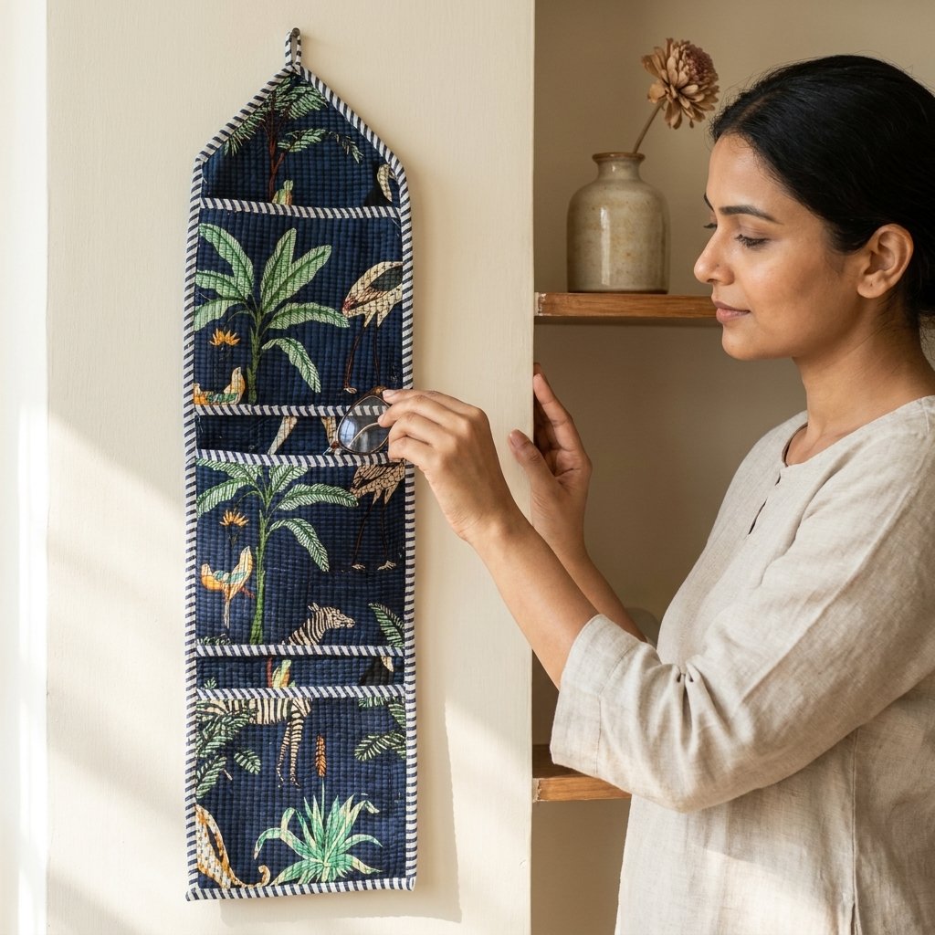 Safari Fabric Wall Hanging Organizer displaying the multi-pocket vertical sorting slots with the traditional tiger print artisan design hung securely on an entryway wall.