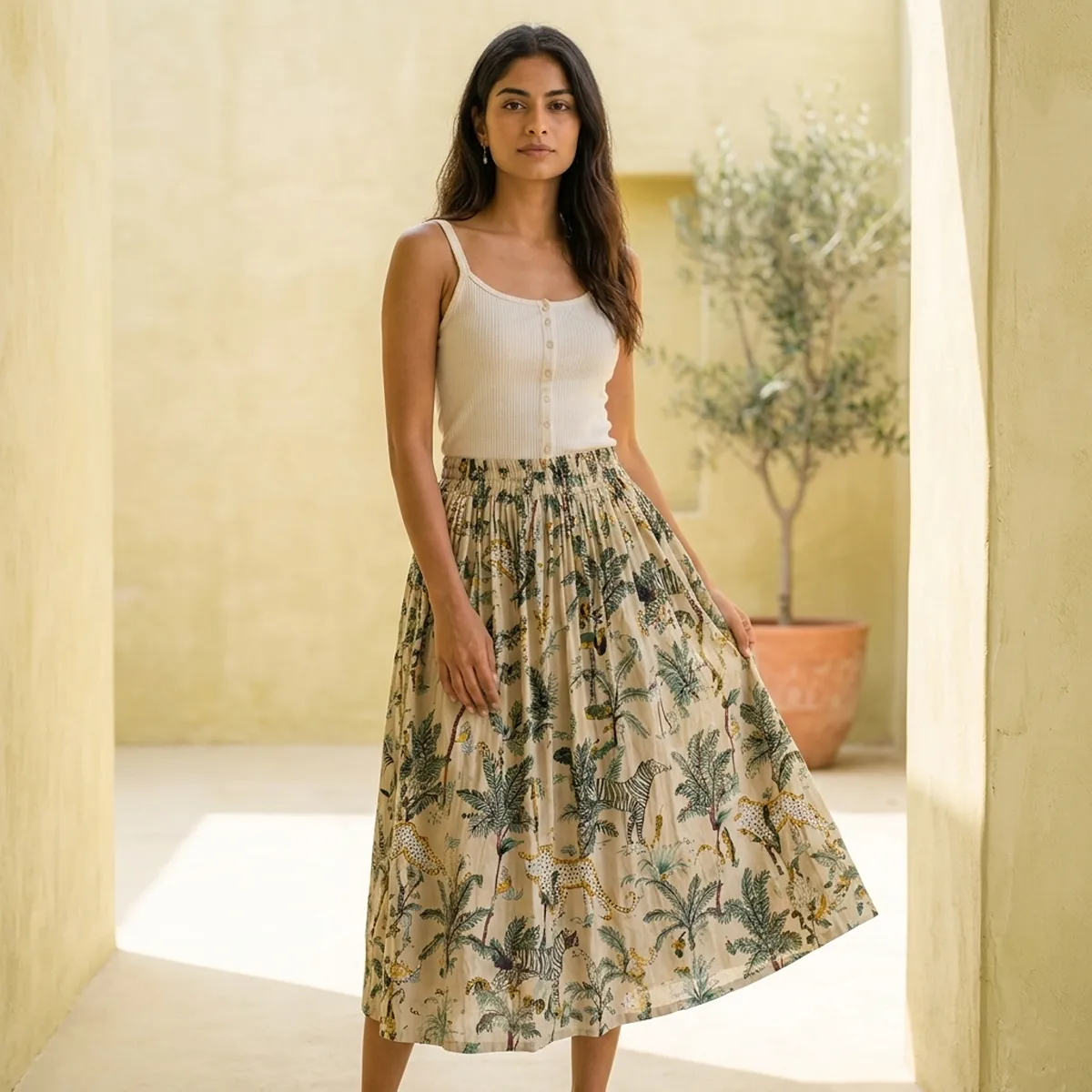 Safari Print Cotton Midi Skirt displaying the flowing flared silhouette and handcrafted exotic wilderness block print pattern on an outdoor model.