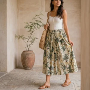Safari Print Cotton Midi Skirt displaying the flowing flared silhouette and handcrafted exotic wilderness block print pattern on an outdoor model.