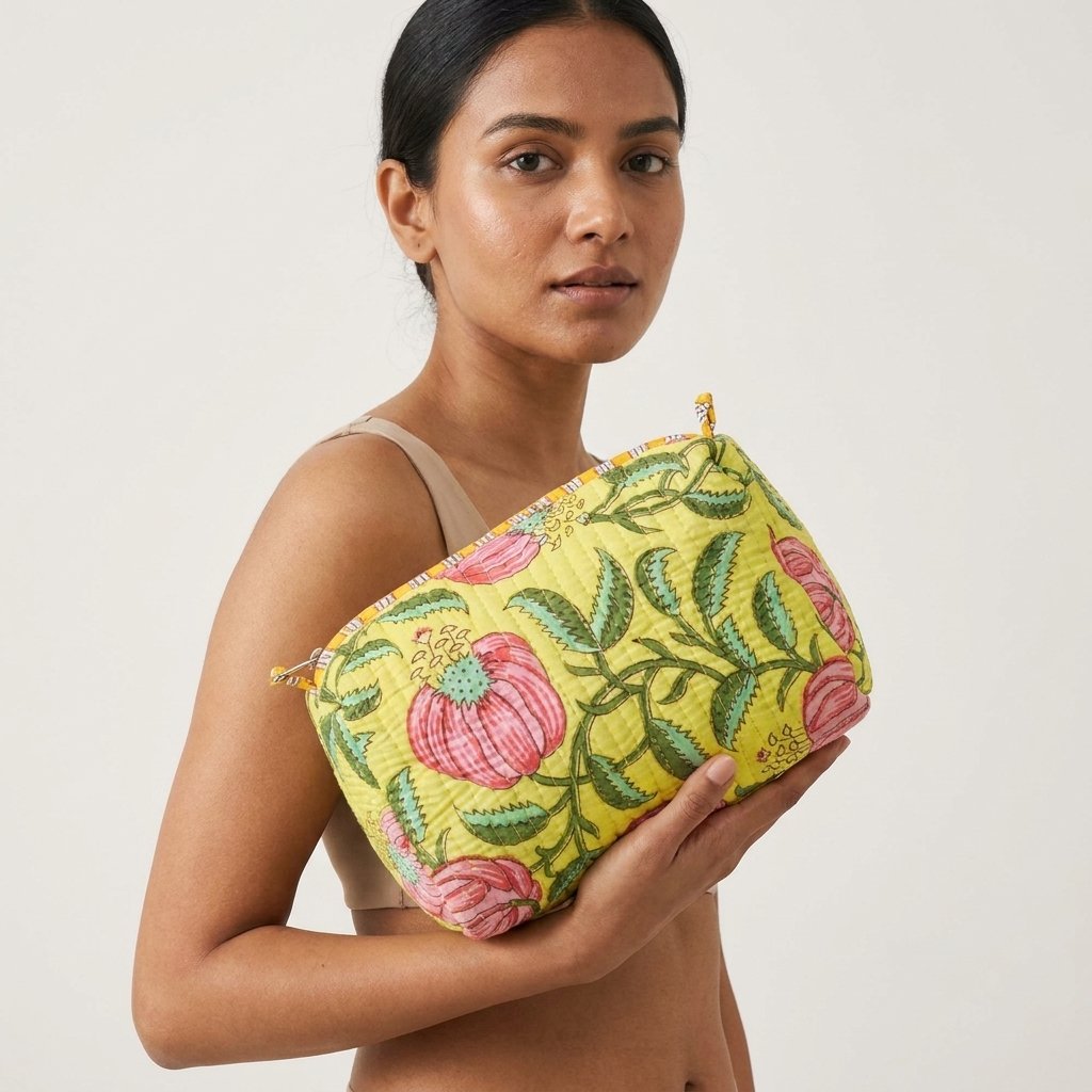 A traveler arranging the three pieces of the Set of Three Quilted Cotton Makeup Bags on a modern bathroom vanity counter, displaying the large, medium, and small sizes filled with skincare bottles.