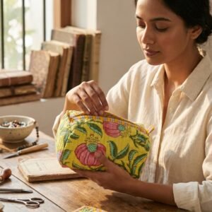 Set of Three Quilted Cotton Makeup Bags showing the nested 3-piece handmade travel pouch bundle with the traditional pink poppy hand block print design and handcrafted tassel pulls.