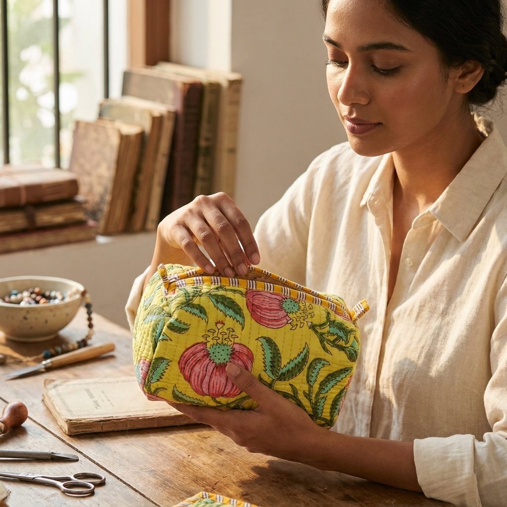 Set of Three Quilted Cotton Makeup Bags showing the nested 3-piece handmade travel pouch bundle with the traditional pink poppy hand block print design and handcrafted tassel pulls.