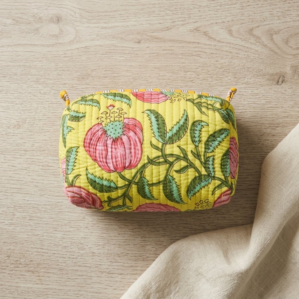 Set of Three Quilted Cotton Makeup Bags showing the nested 3-piece handmade travel pouch bundle with the traditional pink poppy hand block print design and handcrafted tassel pulls.