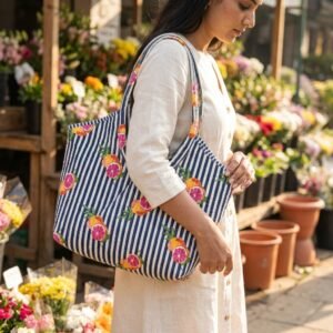 Close-up of the handcrafted lemon fruit print and stripe detailing, dense quilted stitching texture lines, robust handle strap attachments, and clean inner layout on an Indian cotton travel purse.