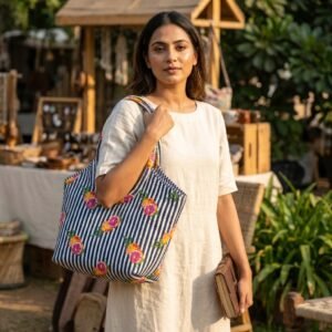 Striped Citrus Quilted Tote Bag showing the traditional hand block print artisan design with the spacious main compartment opening, 6-inch deep base gusset, and reinforced double padded shoulder handles.
