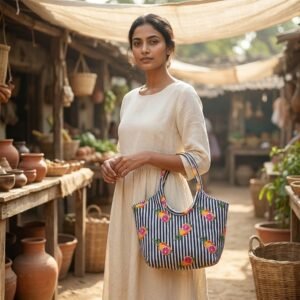 A shopper carrying the Striped Citrus Quilted Tote Bag by the wide straps, showcasing its generous packing capacity and elegant large shoulder handbag style at an outdoor farmers market.
