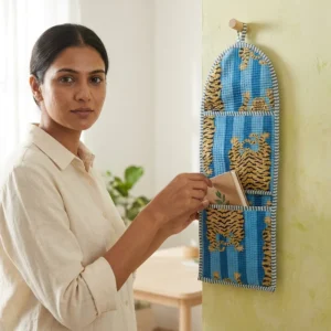 Tiger Print Fabric Wall Hanging Organizer displaying the multi-pocket vertical sorting slots with the traditional blue wild cat artisan design hung securely on an entryway wall.