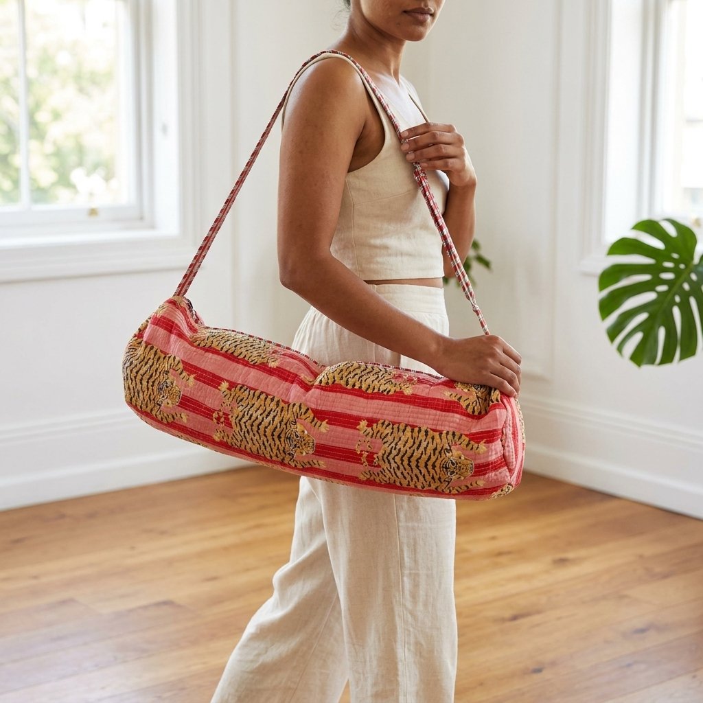 A fitness enthusiast carrying the Tiger Print Quilted Yoga Bag over the shoulder by the wide straps, showcasing its long profile and classic bohemian accessory style while heading to an outdoor gym class.