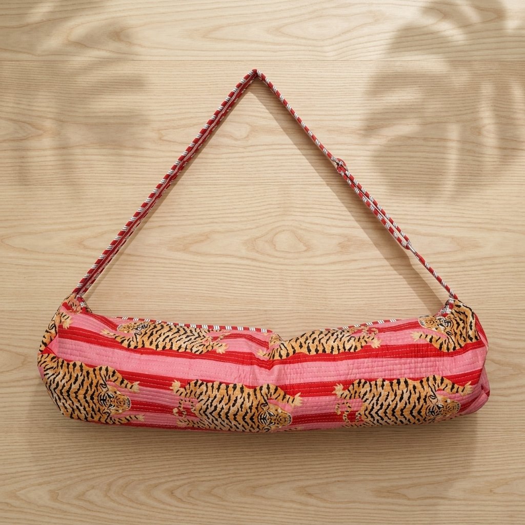 Close-up of the handcrafted wild cat stripe print detailing, dense quilted stitching texture lines, robust handle strap attachments, and secure zipper line on an Indian cotton fitness travel tote.