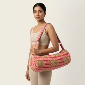 Tiger Print Quilted Yoga Bag showing the traditional hand block print artisan design with the spacious cylinder opening and reinforced double shoulder handles.